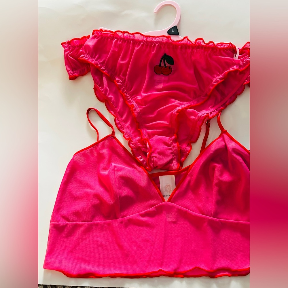 Bed of Roses Bralette Set Lingerie Sexy Cherry Red Embroidered Pink Sz Large NWT - Picture 2 of 6